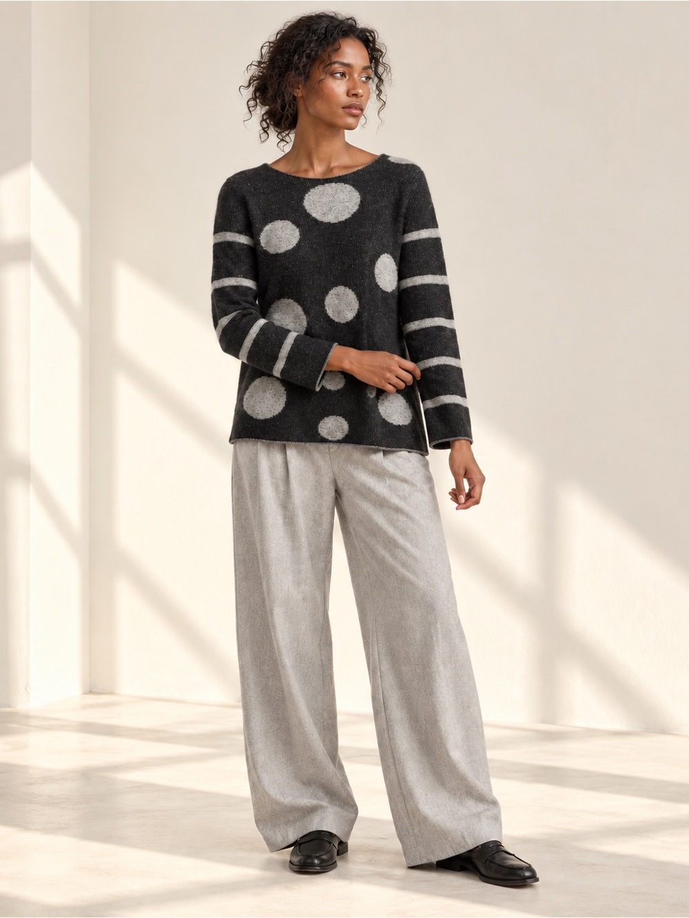 Esthème Cachemire Black Gray Dot Cashmere Boat Neck Sweater Sz M